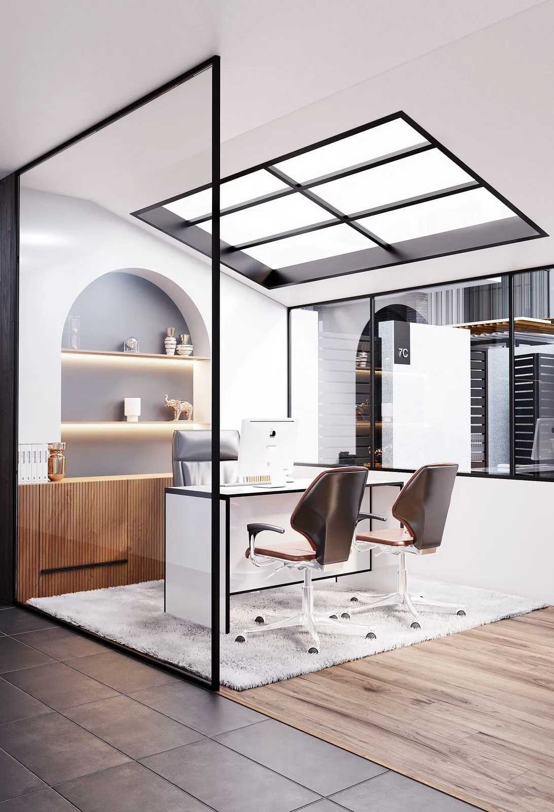 3/4 view of modern office cabin with Sunrooof panel on ceiling with custom woodwork.